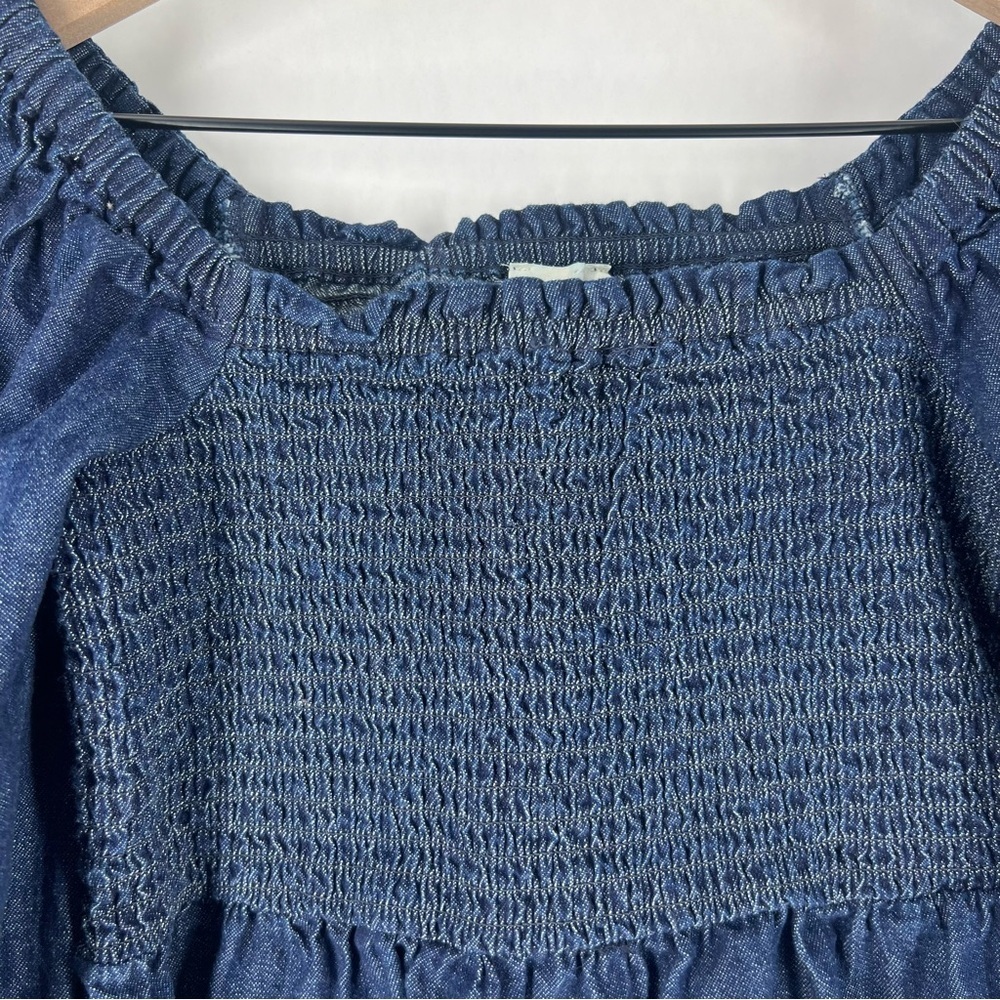 J. Crew Dark Blue Chambray Smocked Puff Sleeve Top Peasant Milkmaid - Picture 5 of 12